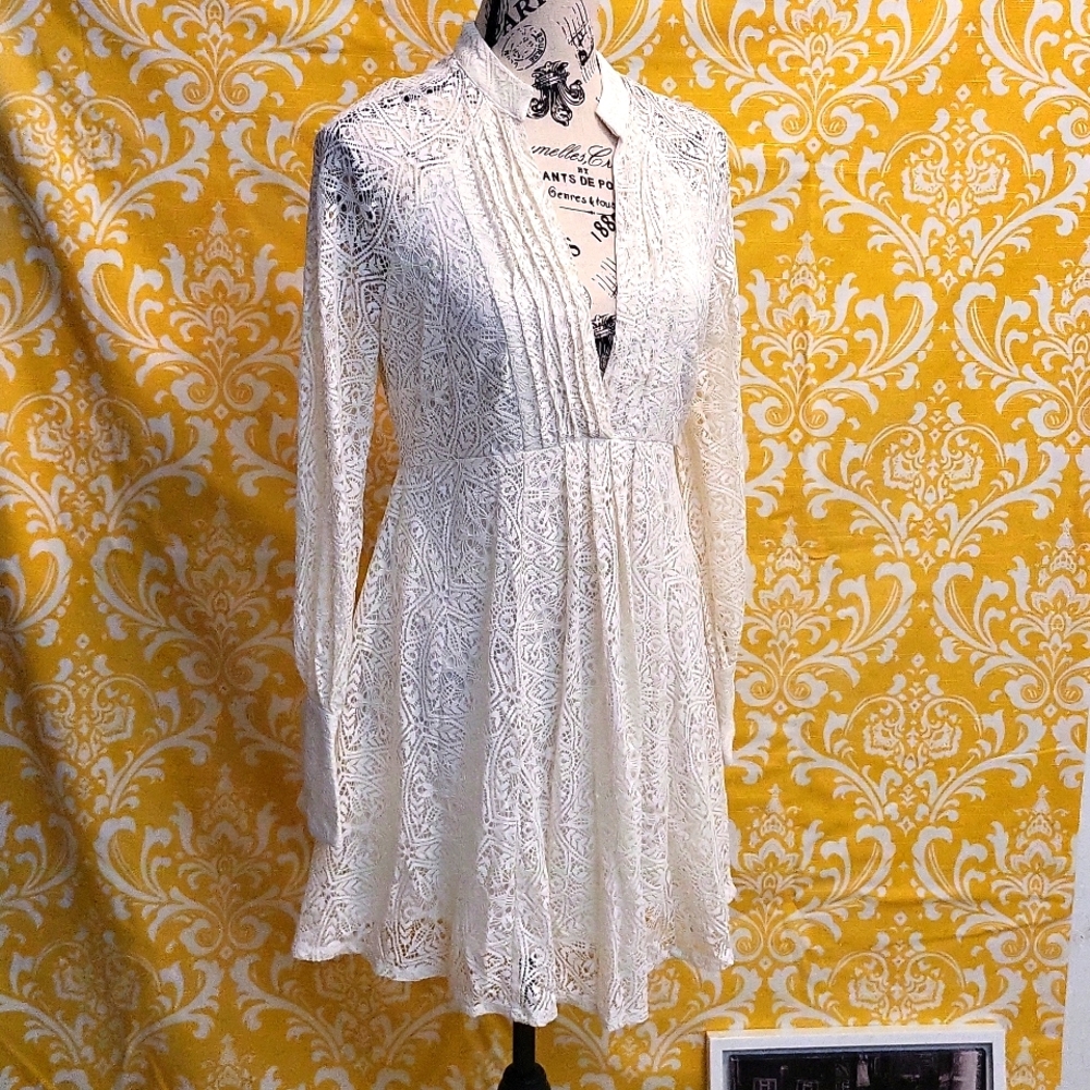 NWT FREE PEOPLE OVORY LACE LONG SLEEVE BABYDOLL DRESS 4